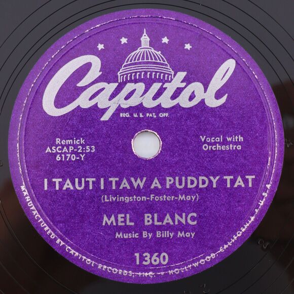 Mel Blanc – I Taut I Taw A Puddy Tat / Yosemite Sam 1951 10" 78 rpm Record 1360 - Picture 1 of 16